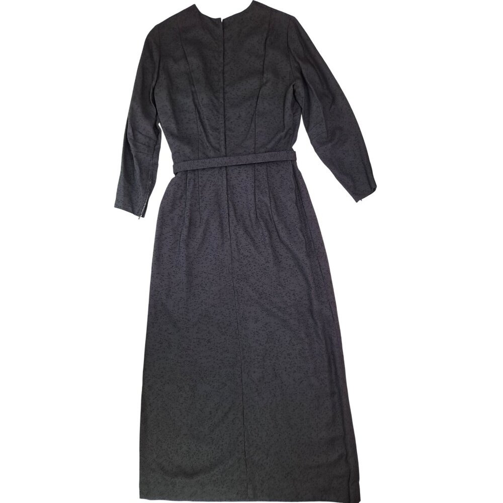 Vintage Black Dress Textured Long Sleeve Belt Handmade Goth Size Large Mourning - Picture 2 of 15